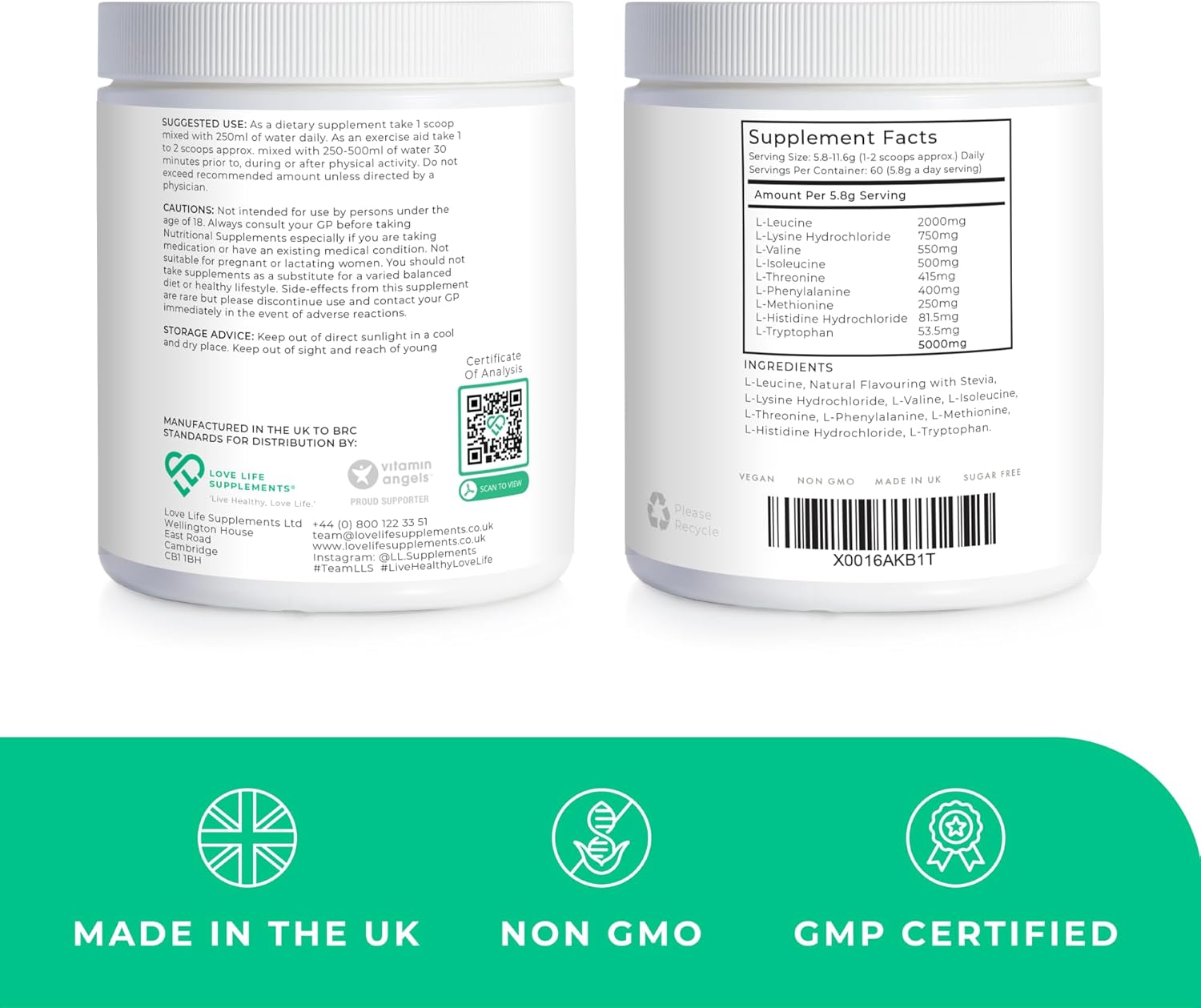 EAA Amino Acids Powder with BCAA's and Leucine, Apple & Kiwi Flavour - 348g (60 Servings)
