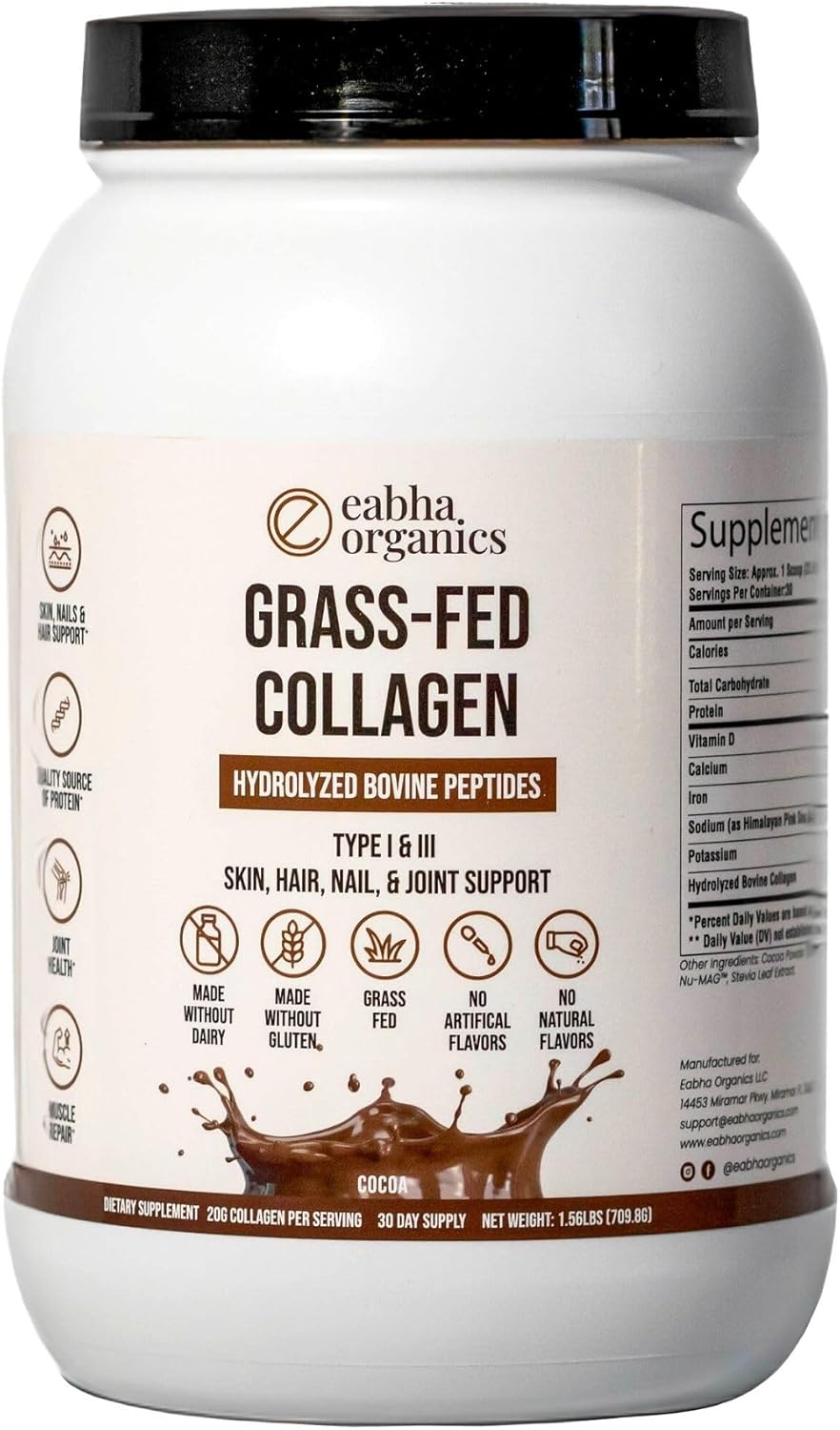 Eabha Organics Grass-Fed Chocolate Collagen: Types I & III - Promotes Healthy Skin, Hair, Nails, Joints - Muscle Recovery - 30 Day Supply - 18g Protein/serving