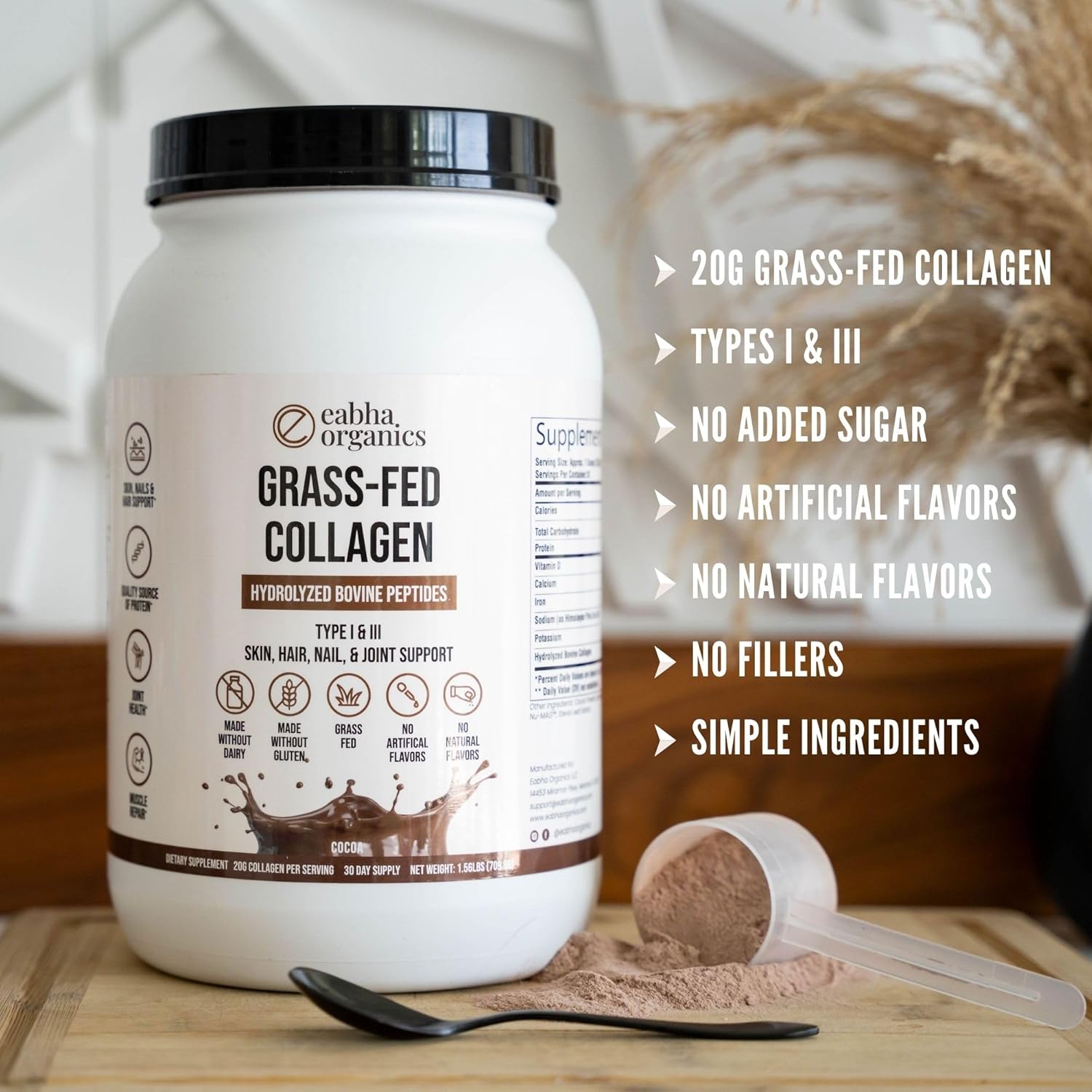 Eabha Organics Grass-Fed Chocolate Collagen: Types I & III - Promotes Healthy Skin, Hair, Nails, Joints - Muscle Recovery - 30 Day Supply - 18g Protein/serving