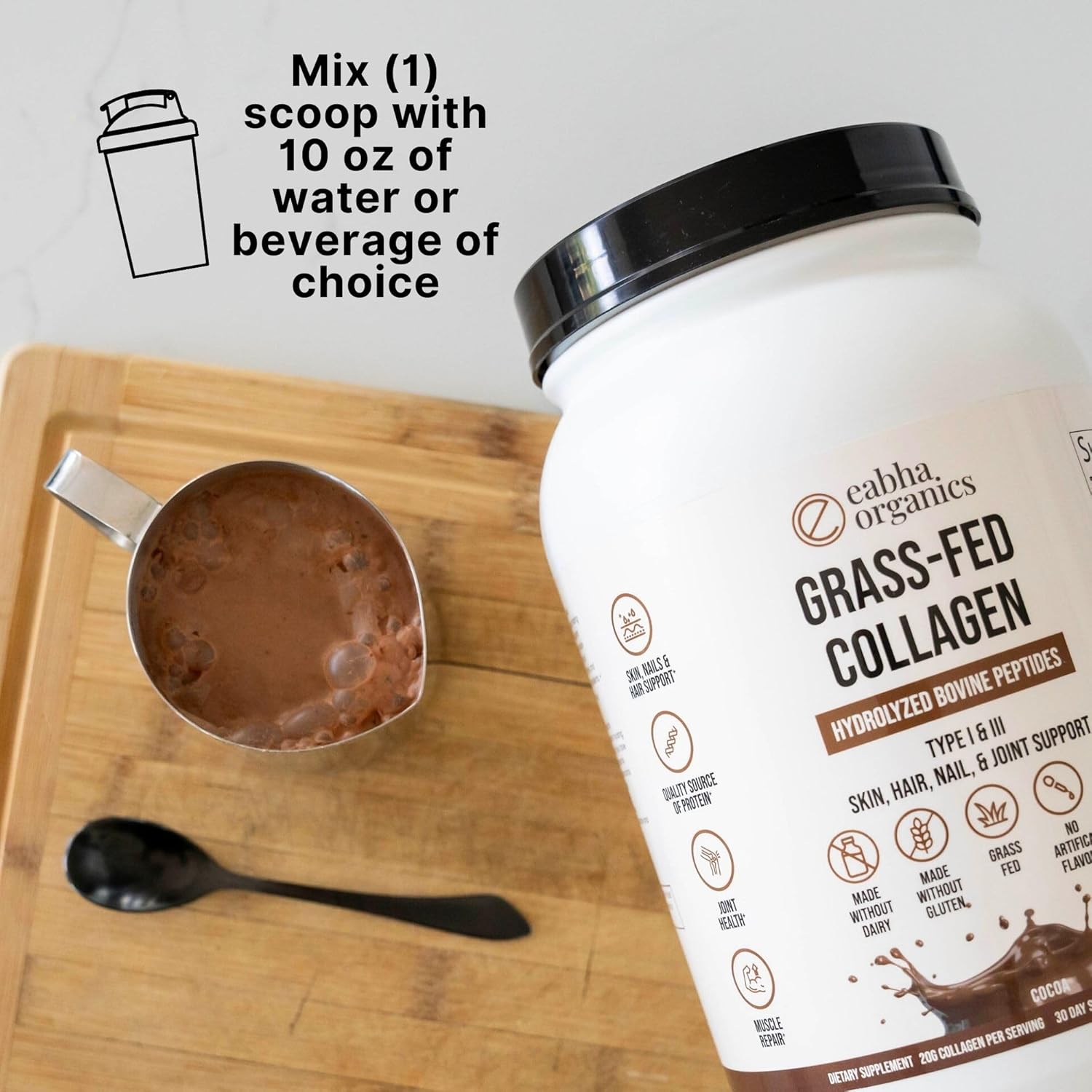 Eabha Organics Grass-Fed Chocolate Collagen: Types I & III - Promotes Healthy Skin, Hair, Nails, Joints - Muscle Recovery - 30 Day Supply - 18g Protein/serving