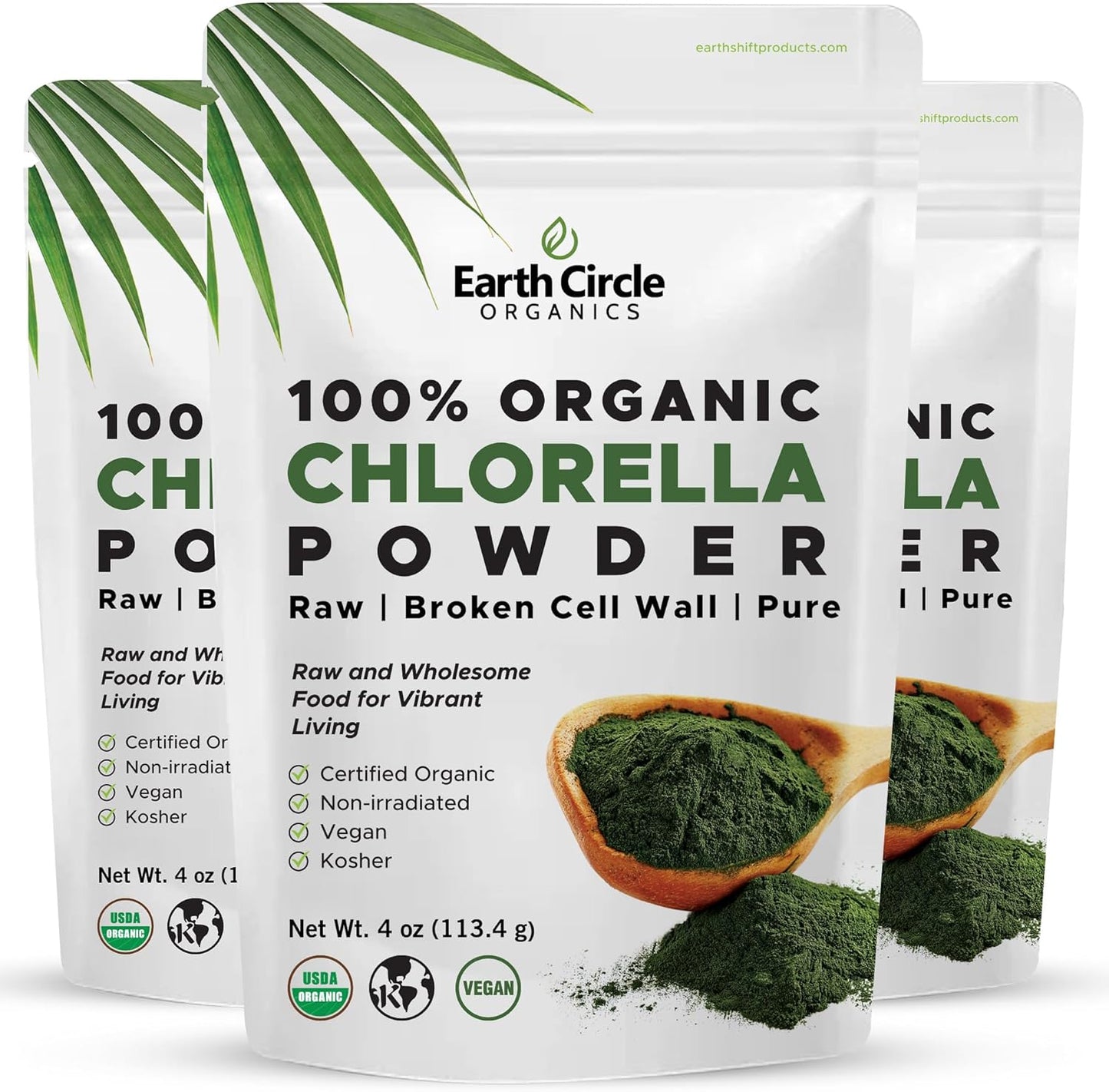 Earth Circle Organics Chlorella Powder 4oz (3 Pack) - Organic Broken Cell Wall Green Algae with High Protein & Amino Acids