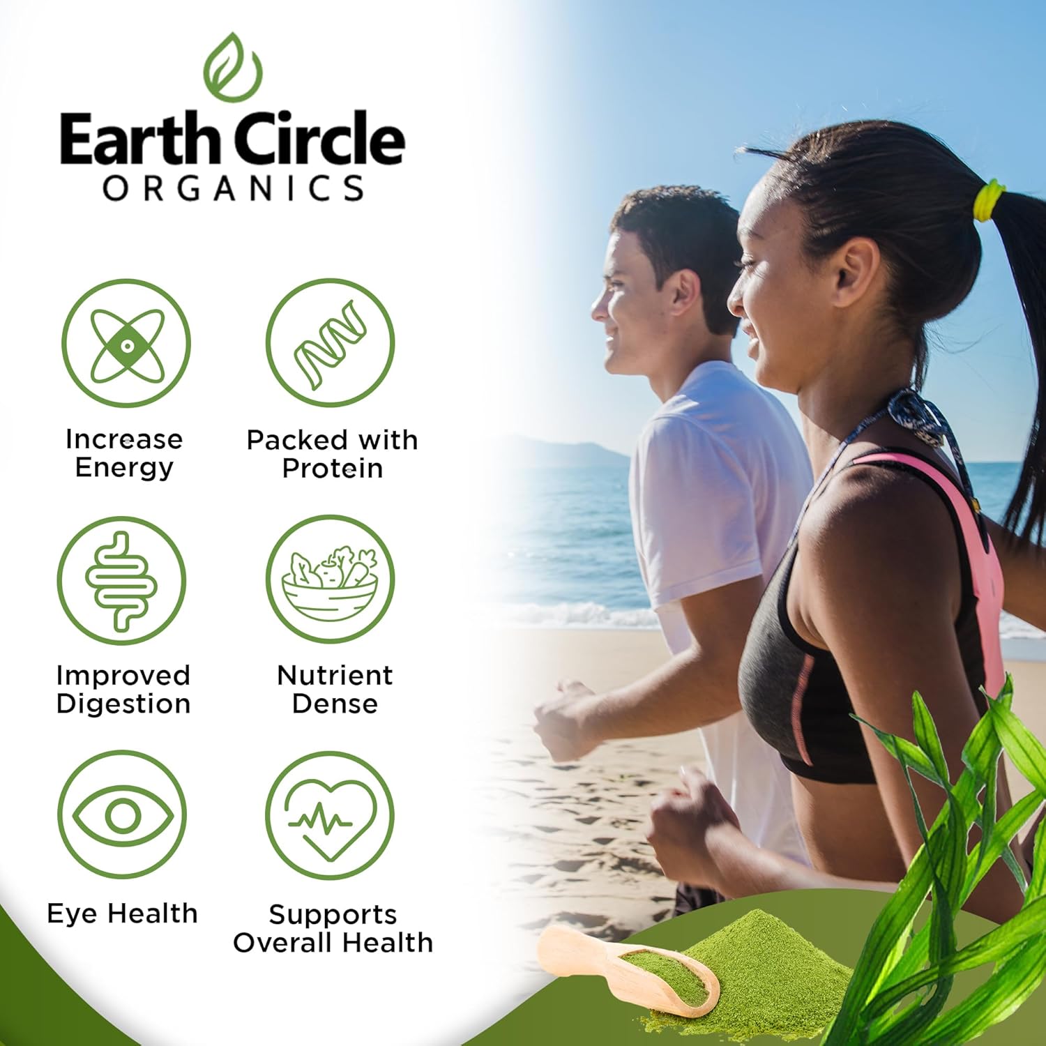 Earth Circle Organics Spirulina Powder - Raw Vegan Protein Superfood, High in Amino Acids - 8 Ounce (2 Pack)