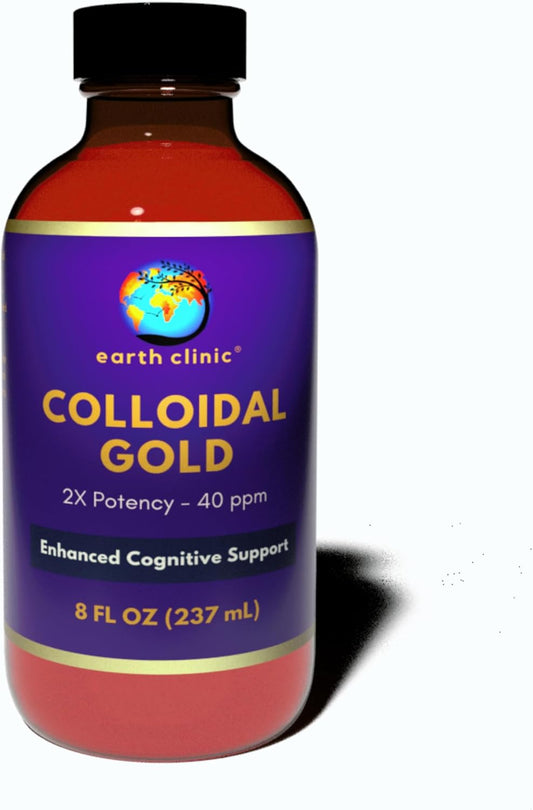 Earth Clinic ® 2X Concentrated Colloidal Gold 40 ppm - 8 fl oz Amber Bottle for Improved Brain Health and Cognitive Function