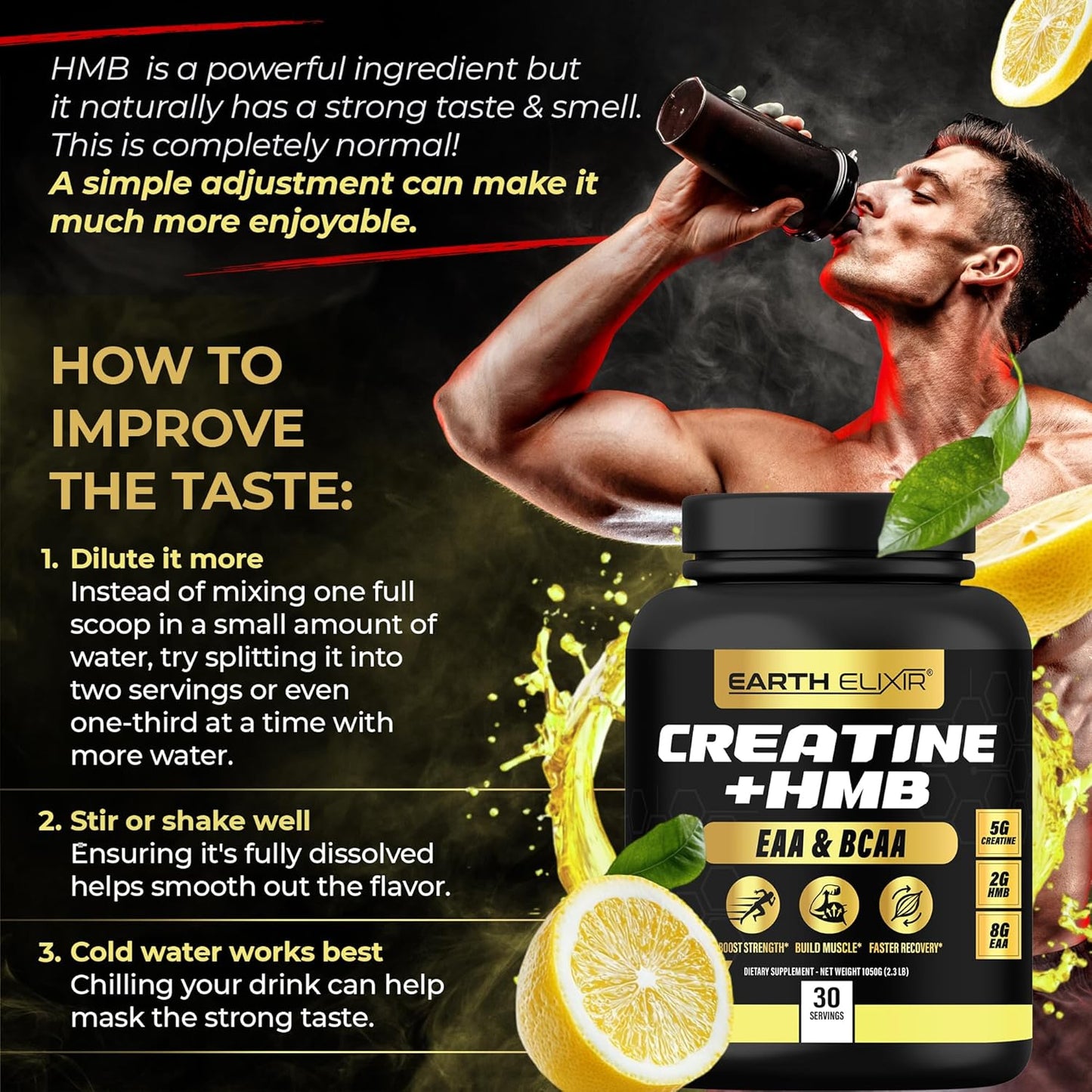 Earth Elixir Creatine HMB Supplement with Essential Amino Acids Powder for Muscle Growth and Recovery