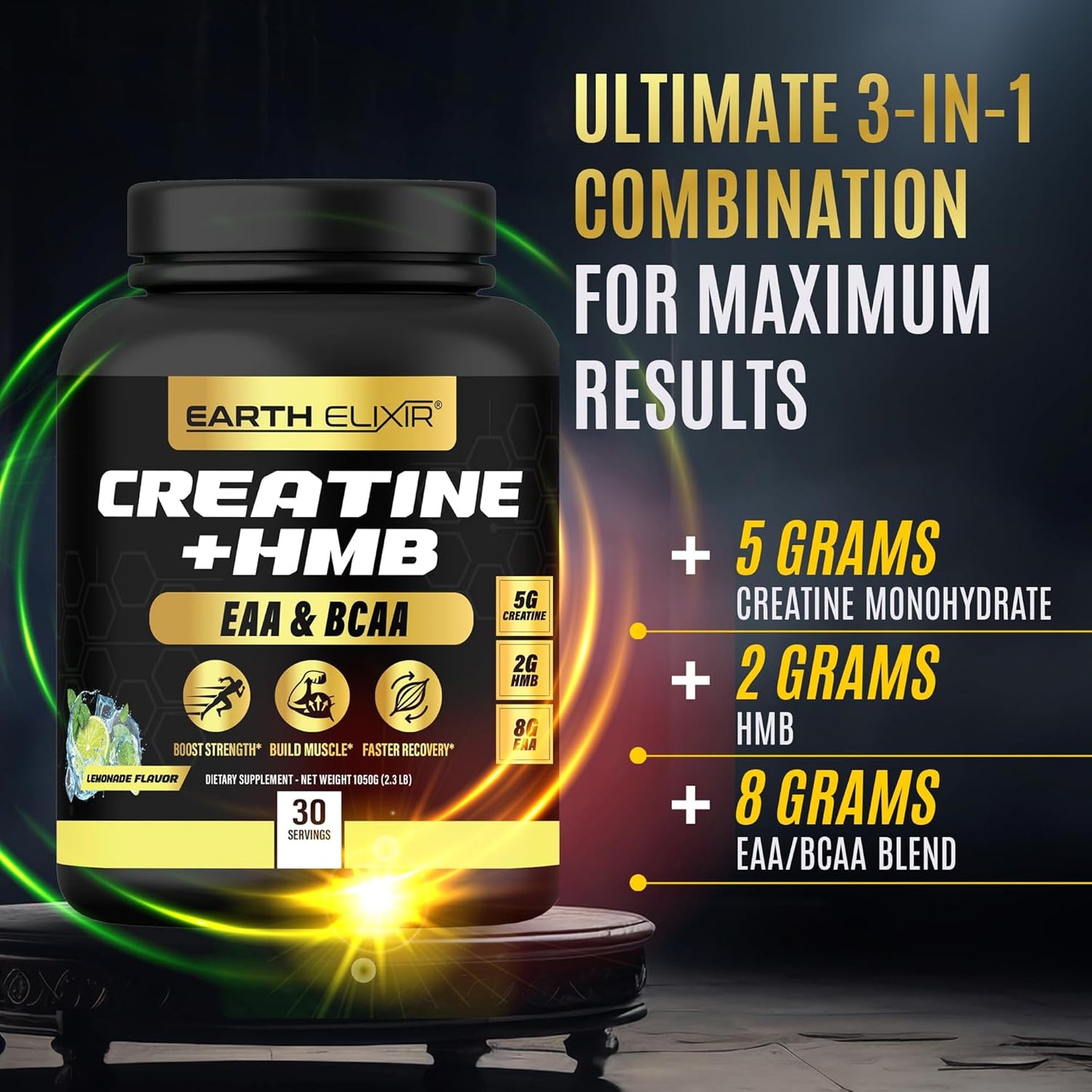 Earth Elixir Creatine HMB Supplement with Essential Amino Acids Powder for Muscle Growth and Recovery