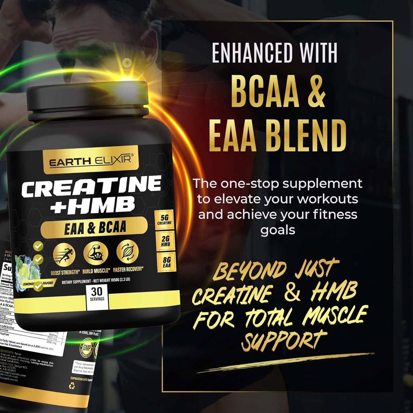 Earth Elixir Creatine HMB Supplement with Essential Amino Acids Powder for Muscle Growth and Recovery