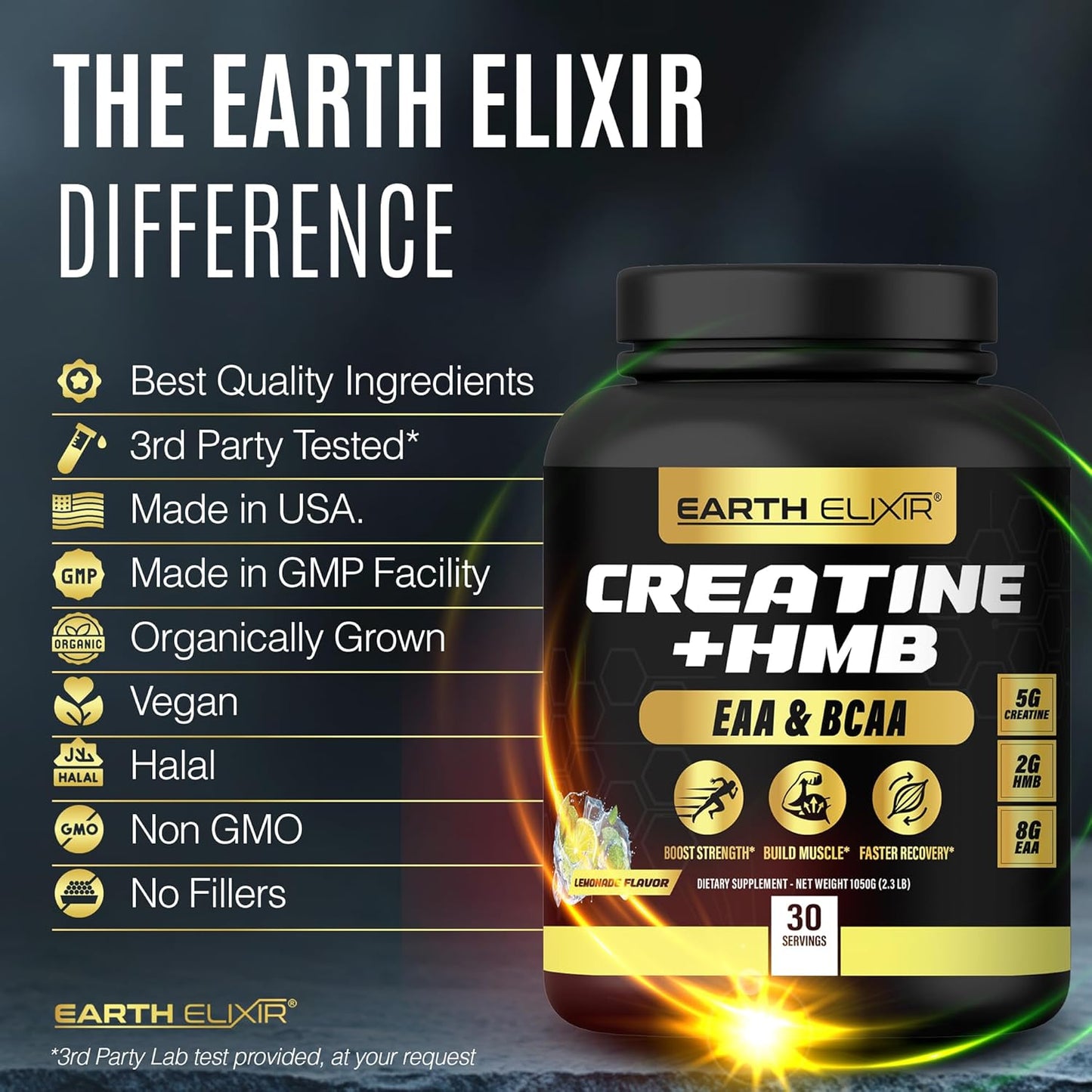 Earth Elixir Creatine HMB Supplement with Essential Amino Acids Powder for Muscle Growth and Recovery