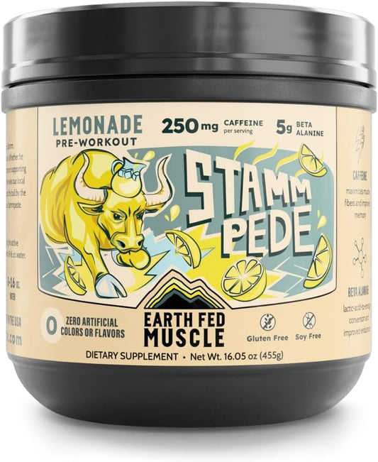 Earth Fed Muscle Stampede Lemonade Pre Workout - Energy Boosting Formula with Beta Alanine, Caffeine, Citrulline Malate, Taurine, Tyrosine - Soy, Gluten, and Sugar Free - Keto Friendly - 26 Servings