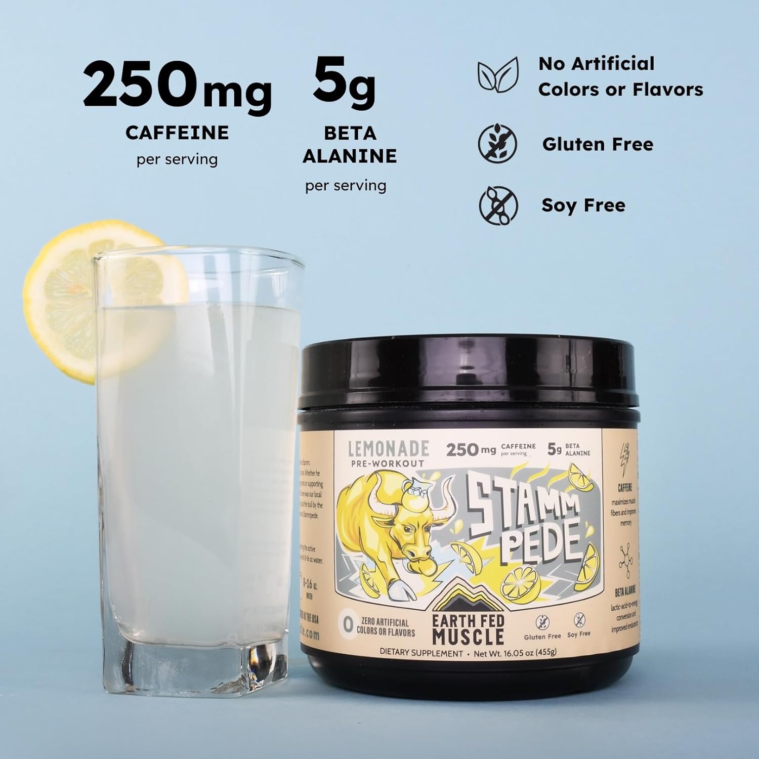 Earth Fed Muscle Stampede Lemonade Pre Workout - Energy Boosting Formula with Beta Alanine, Caffeine, Citrulline Malate, Taurine, Tyrosine - Soy, Gluten, and Sugar Free - Keto Friendly - 26 Servings