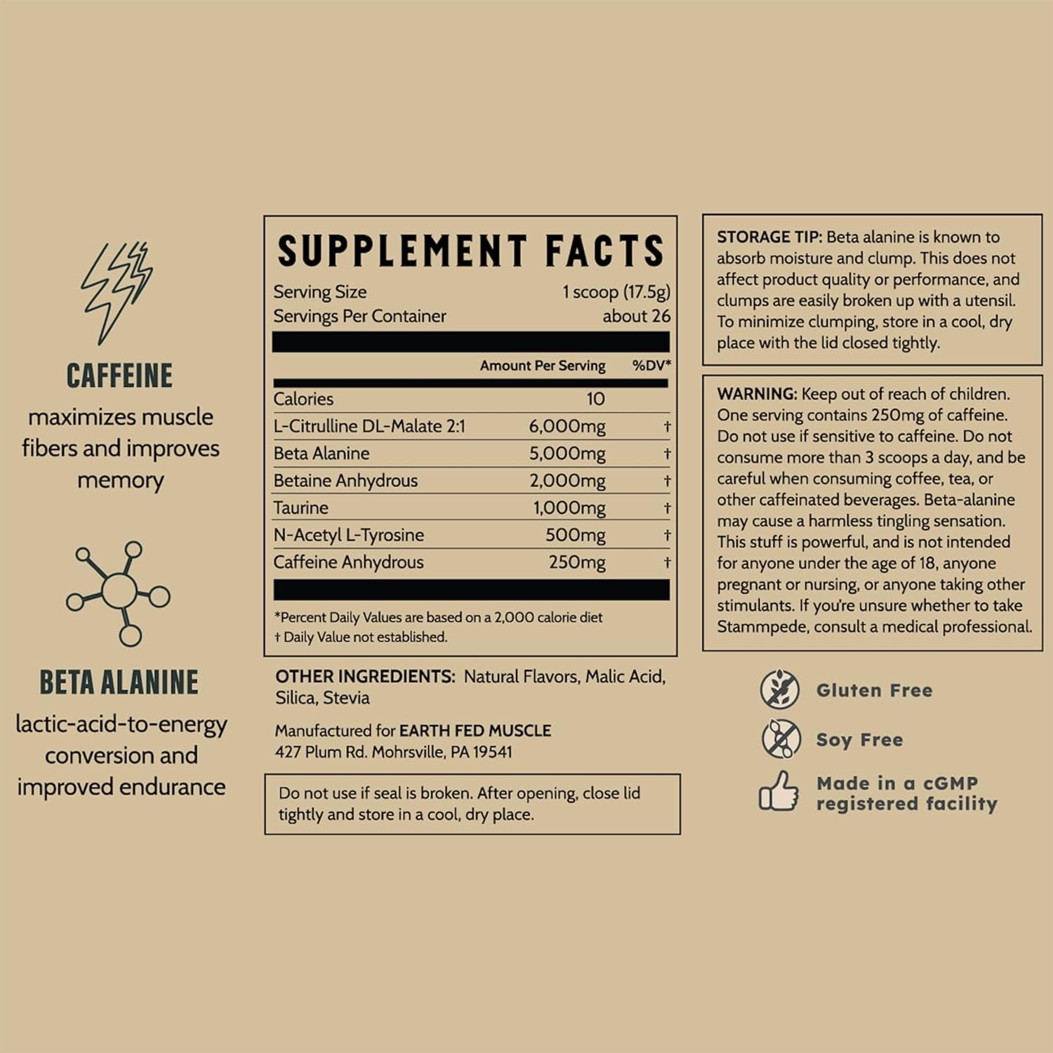 Earth Fed Muscle Stampede Lemonade Pre Workout - Energy Boosting Formula with Beta Alanine, Caffeine, Citrulline Malate, Taurine, Tyrosine - Soy, Gluten, and Sugar Free - Keto Friendly - 26 Servings