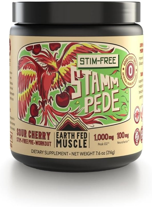 Earth Fed Muscle Stimulant-Free Stammpede Pre Workout - Sour Cherry Flavor - Enhances Energy, Endurance, and Focus with Lion's Mane and Taurine - Vegan, Soy-Free, Gluten-Free - 30 Servings