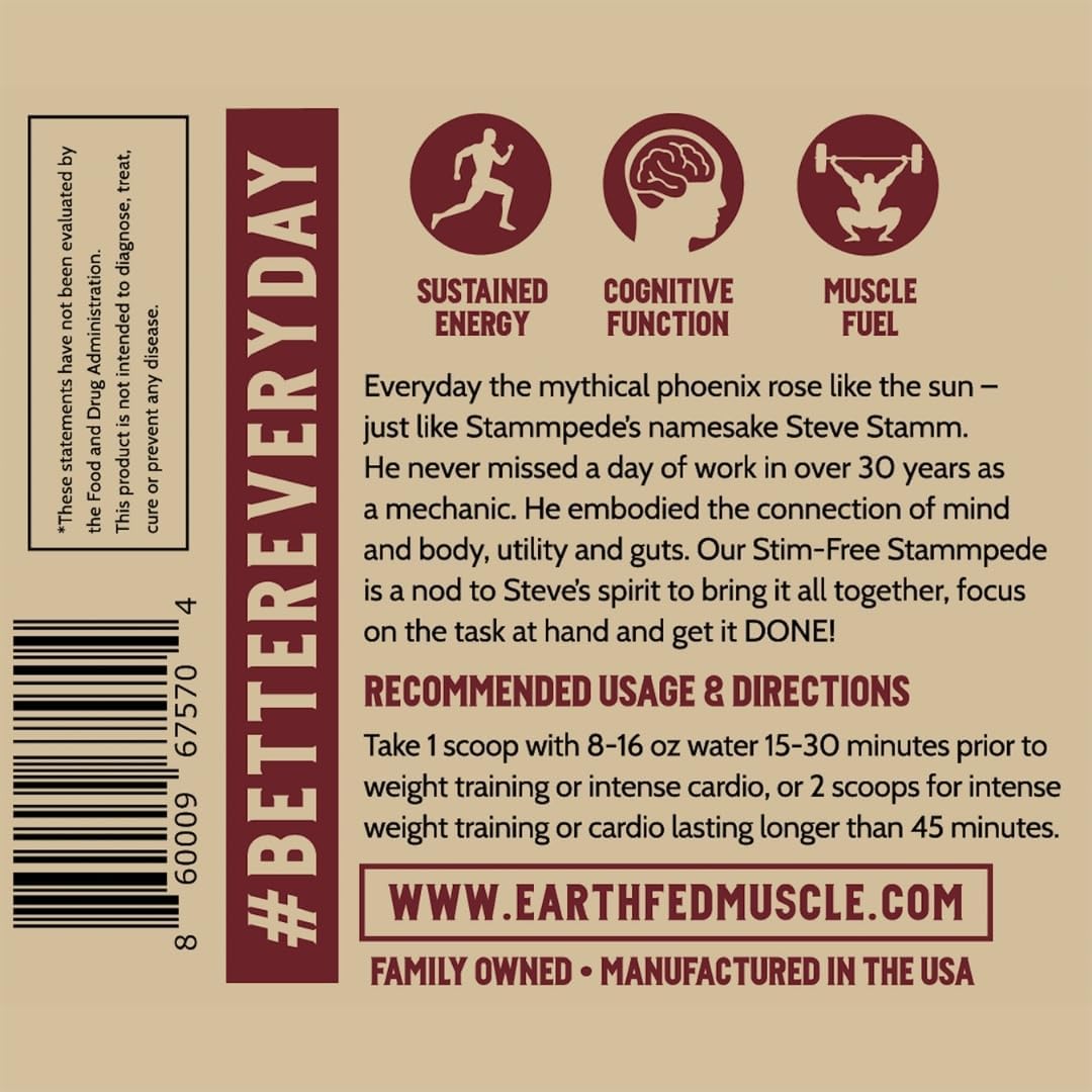 Earth Fed Muscle Stimulant-Free Stammpede Pre Workout - Sour Cherry Flavor - Enhances Energy, Endurance, and Focus with Lion's Mane and Taurine - Vegan, Soy-Free, Gluten-Free - 30 Servings