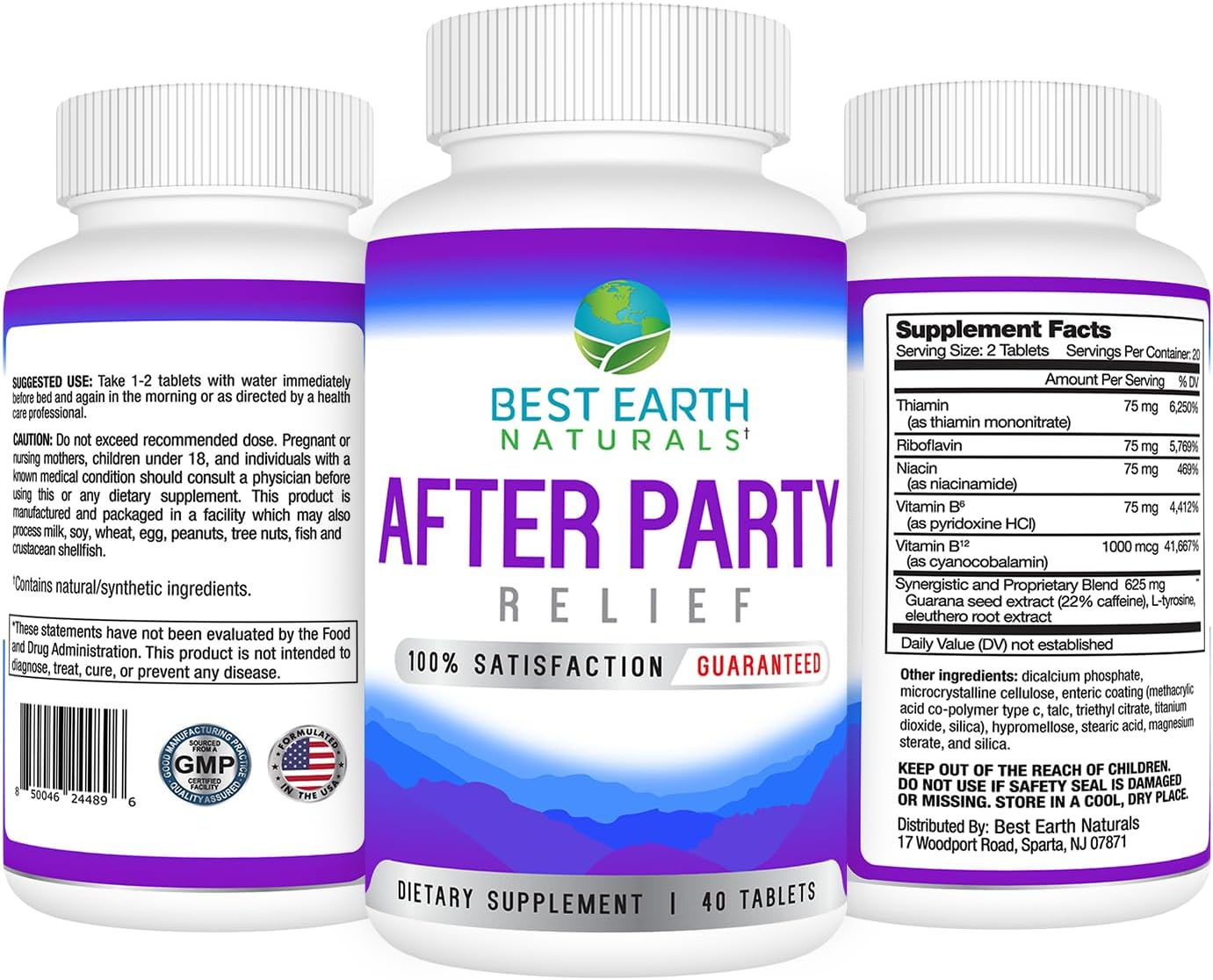 Earth Naturals After Party Supplement - Recovery for Better Mornings - B Vitamins, Guarana Seed Extract, L-tyrosine - 40 Count