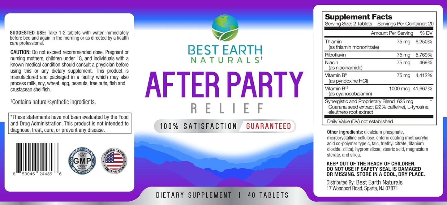 Earth Naturals After Party Supplement - Recovery for Better Mornings - B Vitamins, Guarana Seed Extract, L-tyrosine - 40 Count