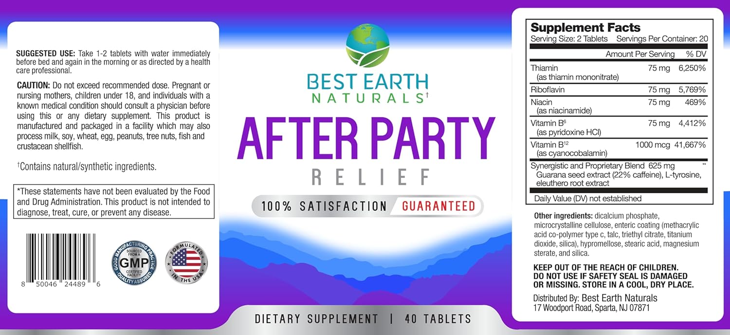 Earth Naturals After Party Supplement - Recovery for Better Mornings - B Vitamins, Guarana Seed Extract, L-tyrosine - 40 Count