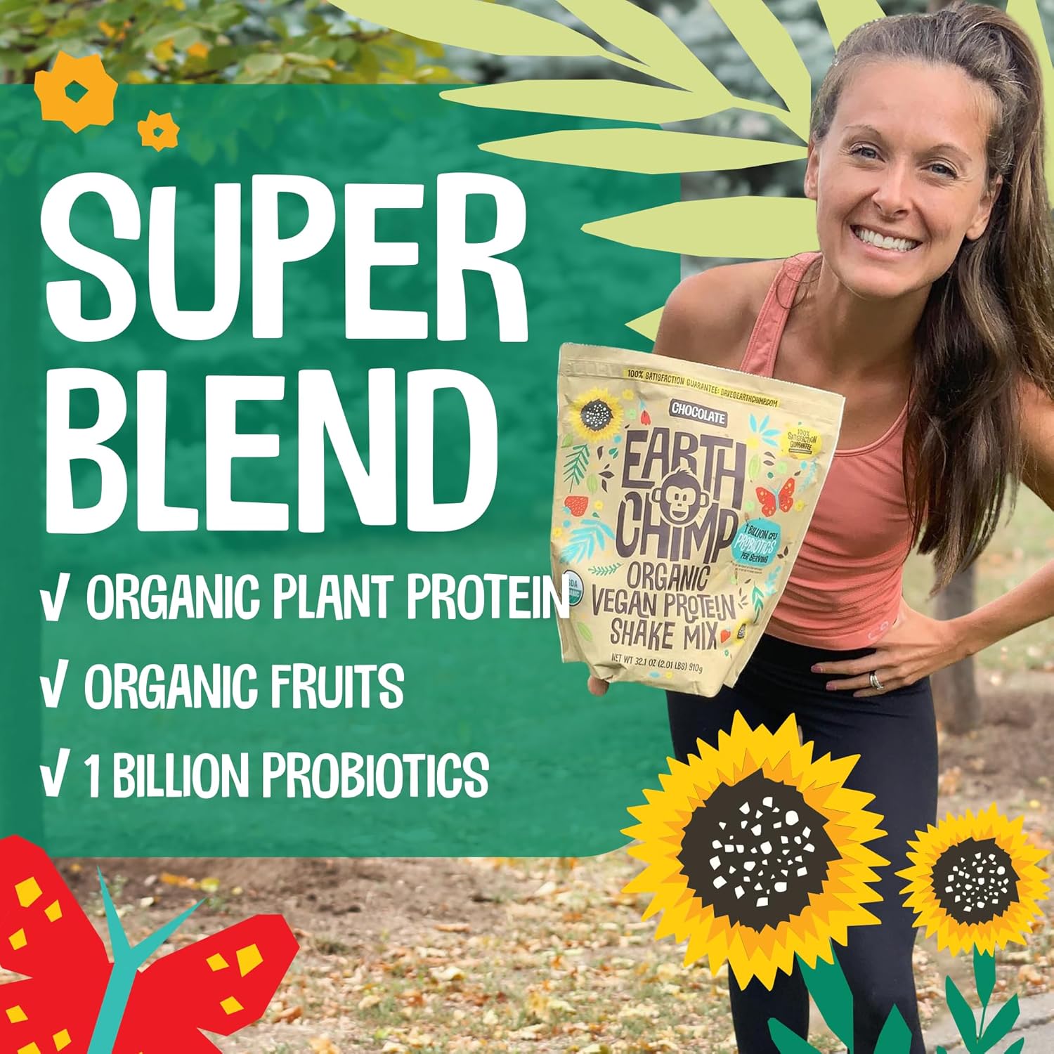 EarthChimp Organic Vegan Protein Powder with Probiotics - Non GMO, Dairy Free, Plant Based Protein for Women and Men - Gluten Free - 52 Servings, 64 Oz (Plain & Unsweetened)