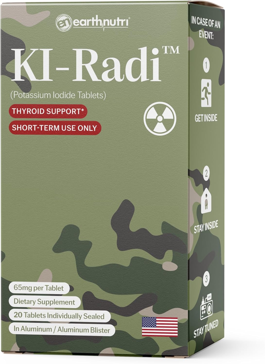 EarthNutri KI-Radi™ Potassium Iodide Tablets 65mg (20 Tablets) - Potassium Iodide Supplement with Foil-Foil Blister Seal Packaging