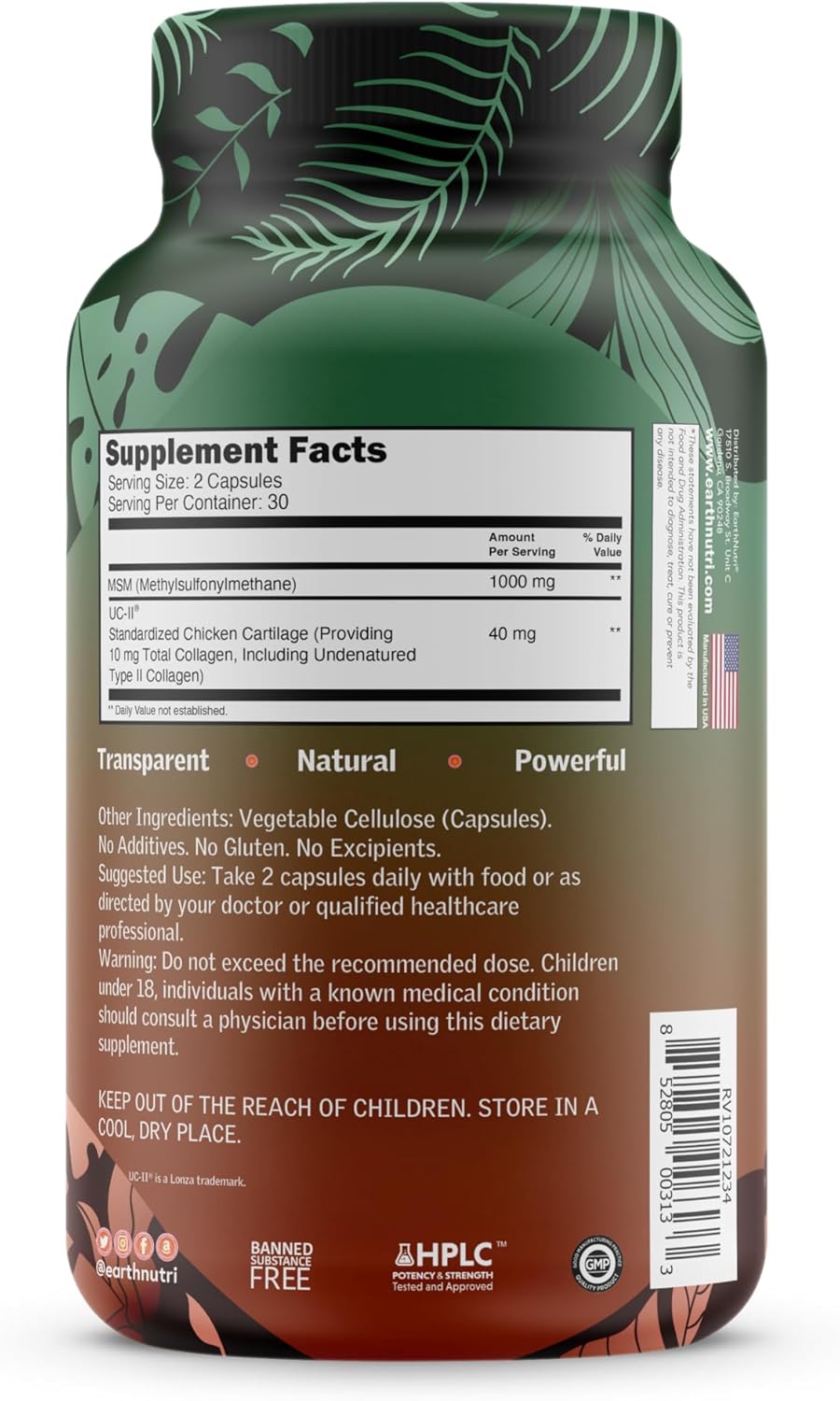 EarthNutri UC-II + MSM Capsules - 40mg UC-II for Joint Health, 1000mg MSM for Flexibility. Supports Joint Repair & Movement - 60 Count