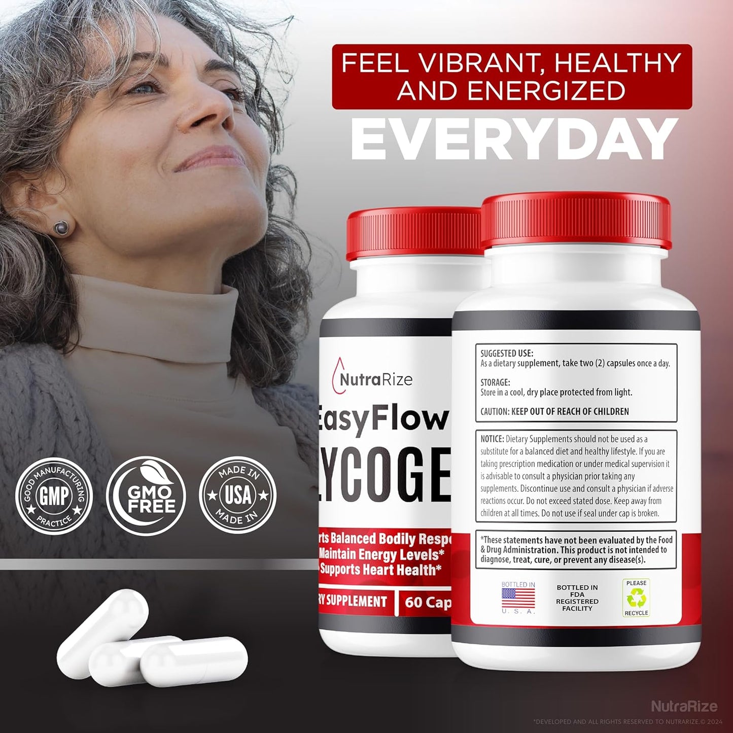 EasyFlow Glycogen Support Capsules - NutraRize (3 Pack) for Optimized Glycogen Levels & Detox Cleanse - 180 Capsules