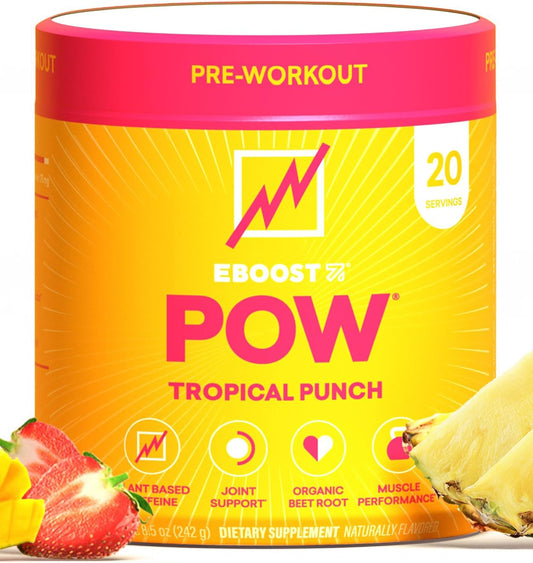 EBOOST POW Natural Pre Workout Powder - Tropical Punch Flavor - Performance & Energy Boost for Men and Women - Non-GMO & Gluten-Free - 20 Servings