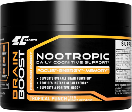 EC Sports Brain Boost Tropical Punch Nootropic Supplement with 18 Nootropics - Enhances Focus, Energy, and Performance - 30 Servings