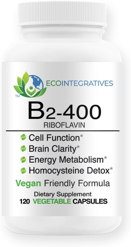 EcoIntegratives B2-400 Pure Riboflavin Capsules - Supports Nervous System, Cardiovascular Health, Energy, and Metabolism (120 Count)