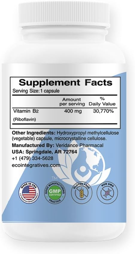 EcoIntegratives B2-400 Pure Riboflavin Capsules - Supports Nervous System, Cardiovascular Health, Energy, and Metabolism (120 Count)