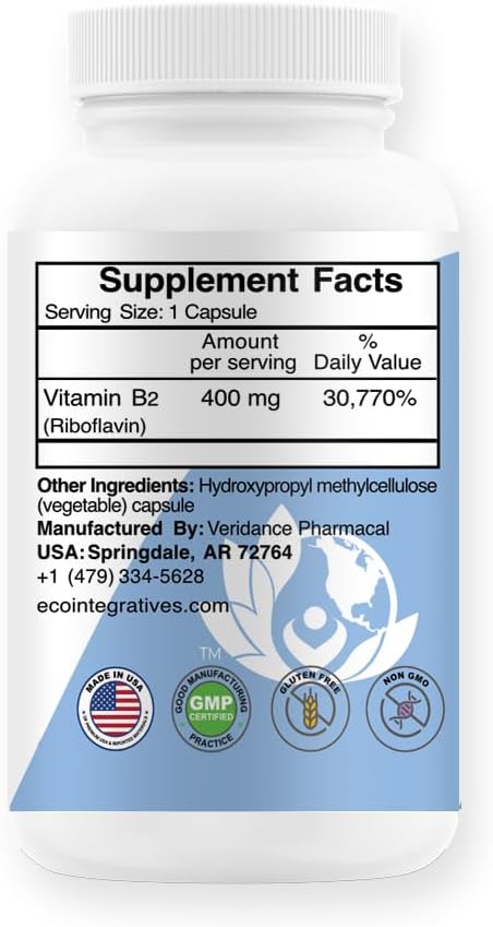 EcoIntegratives B2-400 Riboflavin Supplement for Nervous System Health and Energy Boost - 60 Capsules, Unflavored