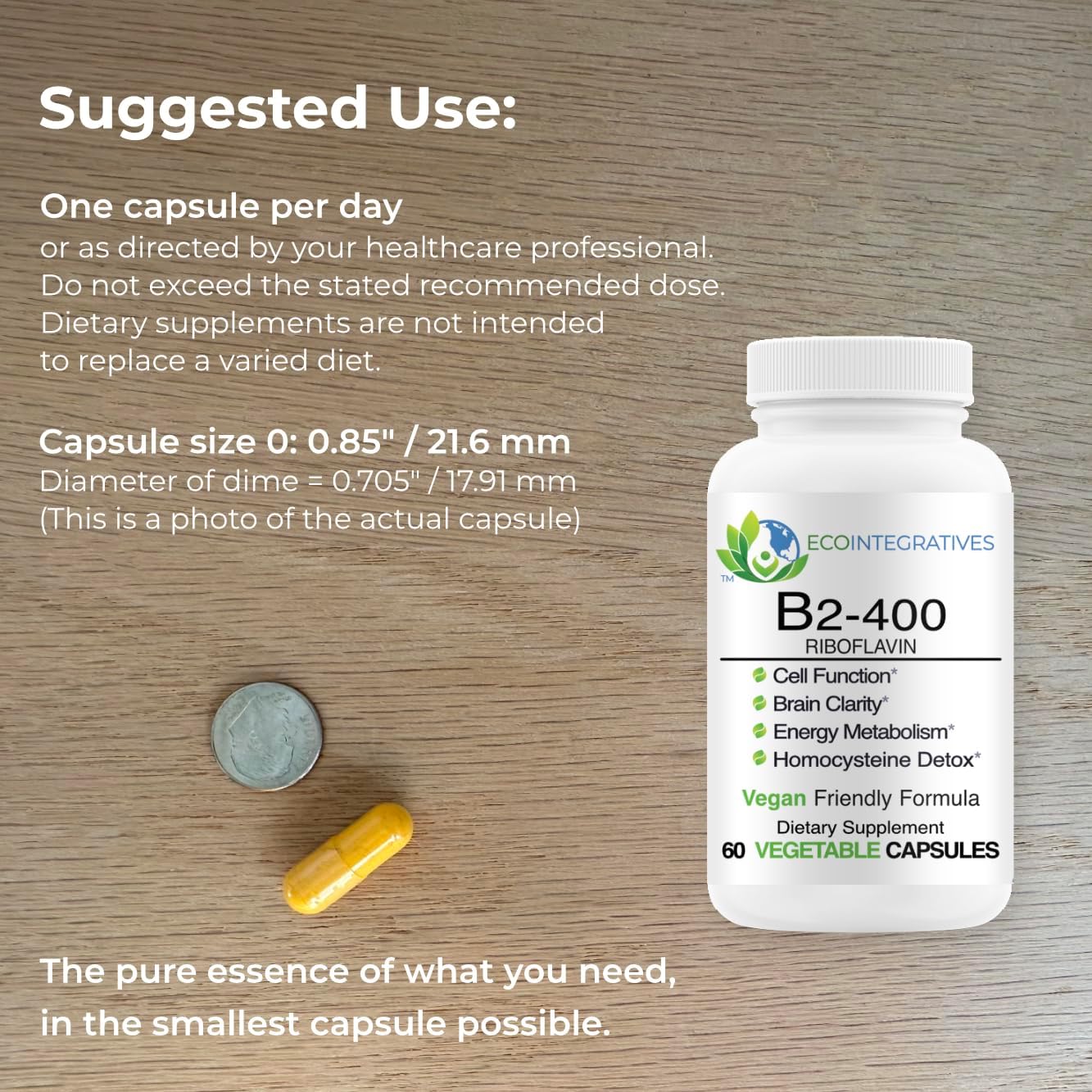 EcoIntegratives B2-400 Riboflavin Supplement for Nervous System Health and Energy Boost - 60 Capsules, Unflavored