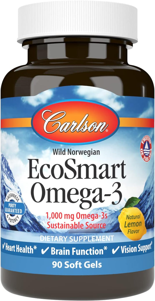 EcoSmart Omega-3 Soft Gels with Lemon Flavor - Sustainable Source for Heart, Brain, Vision, and Joint Health - 90 Capsules