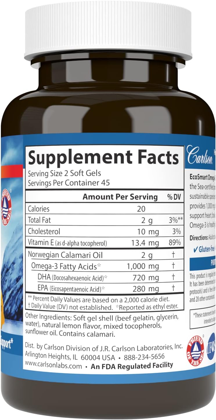 EcoSmart Omega-3 Soft Gels with Lemon Flavor - Sustainable Source for Heart, Brain, Vision, and Joint Health - 90 Capsules