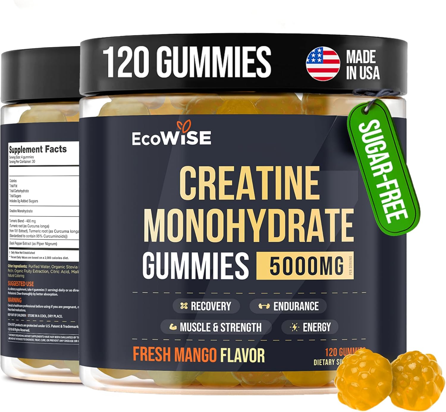 EcoWise Wellness 5000mg Creatine Monohydrate Gummies - Strength & Energy Boost - Vegan - 120 Gummies - Fresh Mango Flavor