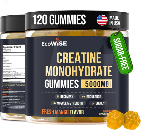 EcoWise Wellness 5000mg Creatine Monohydrate Gummies - Strength & Energy Boost - Vegan - 120 Gummies - Fresh Mango Flavor