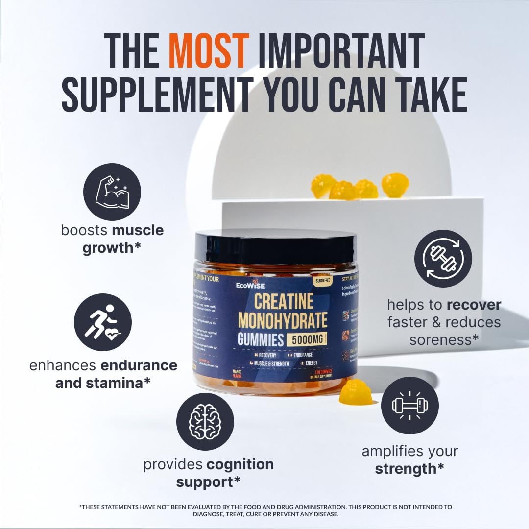 EcoWise Wellness 5000mg Creatine Monohydrate Gummies - Strength & Energy Boost - Vegan - 120 Gummies - Fresh Mango Flavor