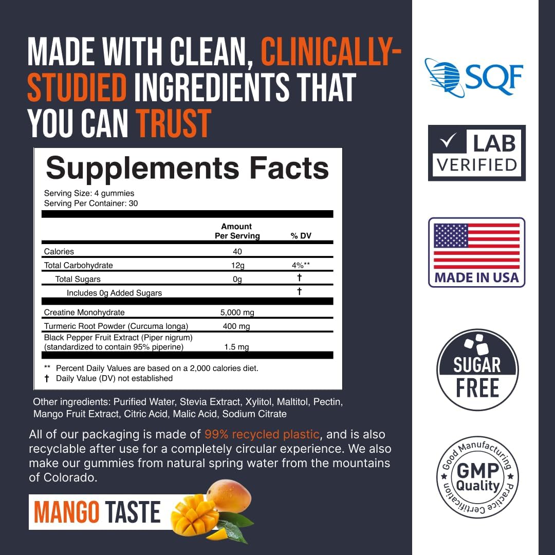EcoWise Wellness 5000mg Creatine Monohydrate Gummies - Strength & Energy Boost - Vegan - 120 Gummies - Fresh Mango Flavor