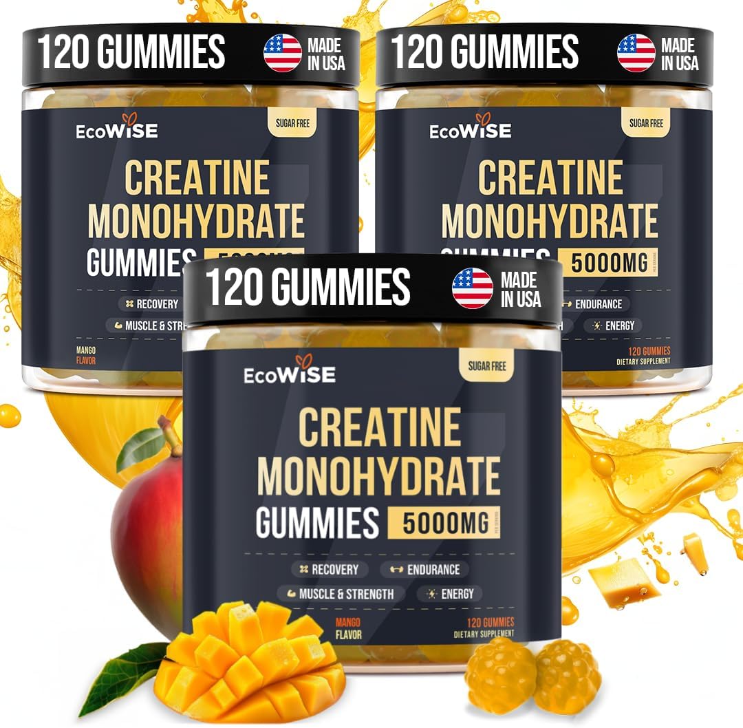 EcoWise Wellness Creatine Monohydrate Gummies 5g, Vegan Energy Boost for Strength & Muscle, Gluten-Free Mango Chewables - 120 Count, Pack of 3