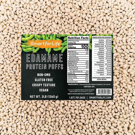 Edamame Soy Protein Puffs: High-Protein, Zero Sugar Isolate Snacks - Non-GMO & Gluten-Free - 3lb Box, 53 Servings - Soy Protein Isolate Puffs
