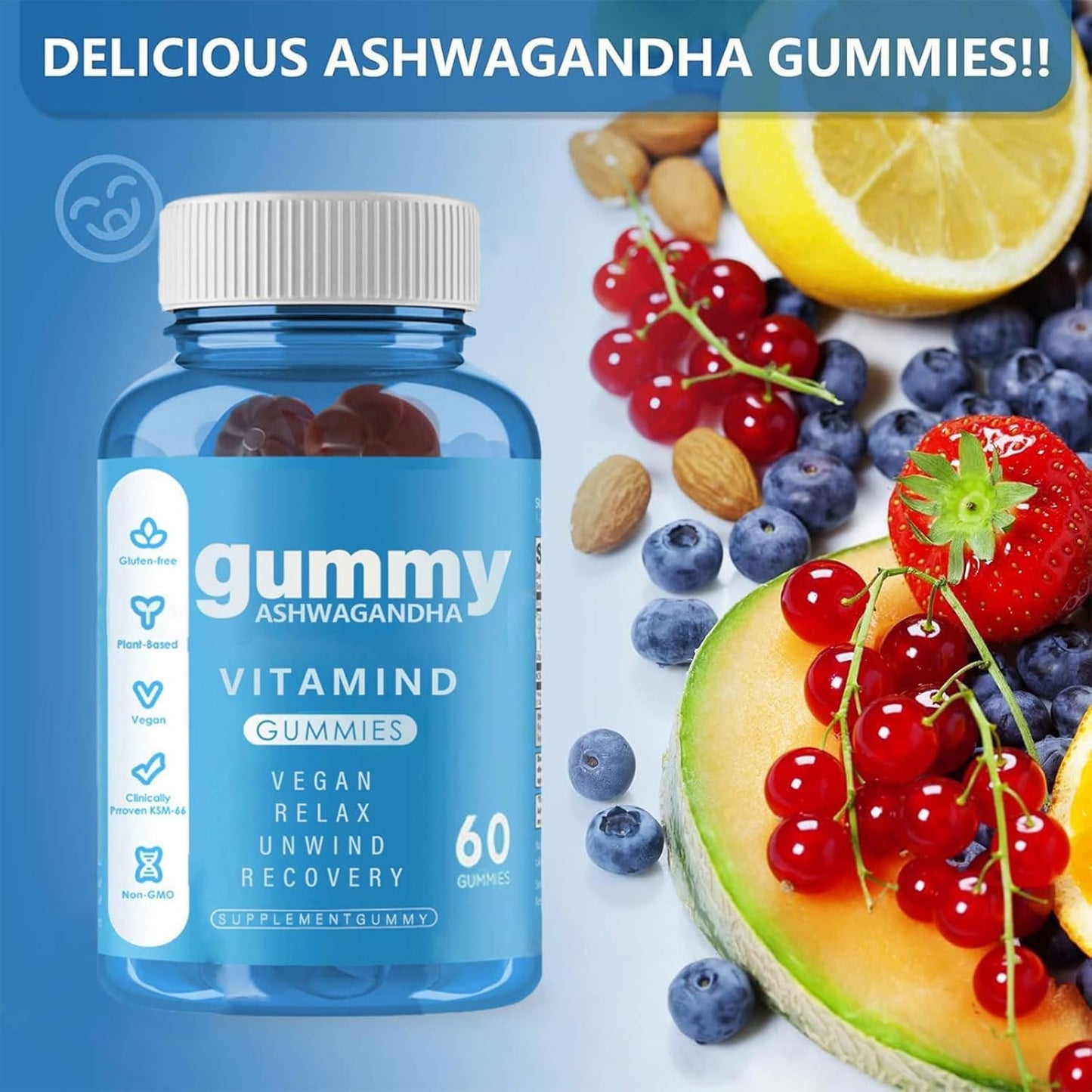 edogati Ashwagandha Gummies - 60 Count Mixed Berry Vitamin D Gummy with KSM-66 - Vegan, Plant Based, Non-GMO, Gluten-Free & Gelatin Free Relaxation Supplement