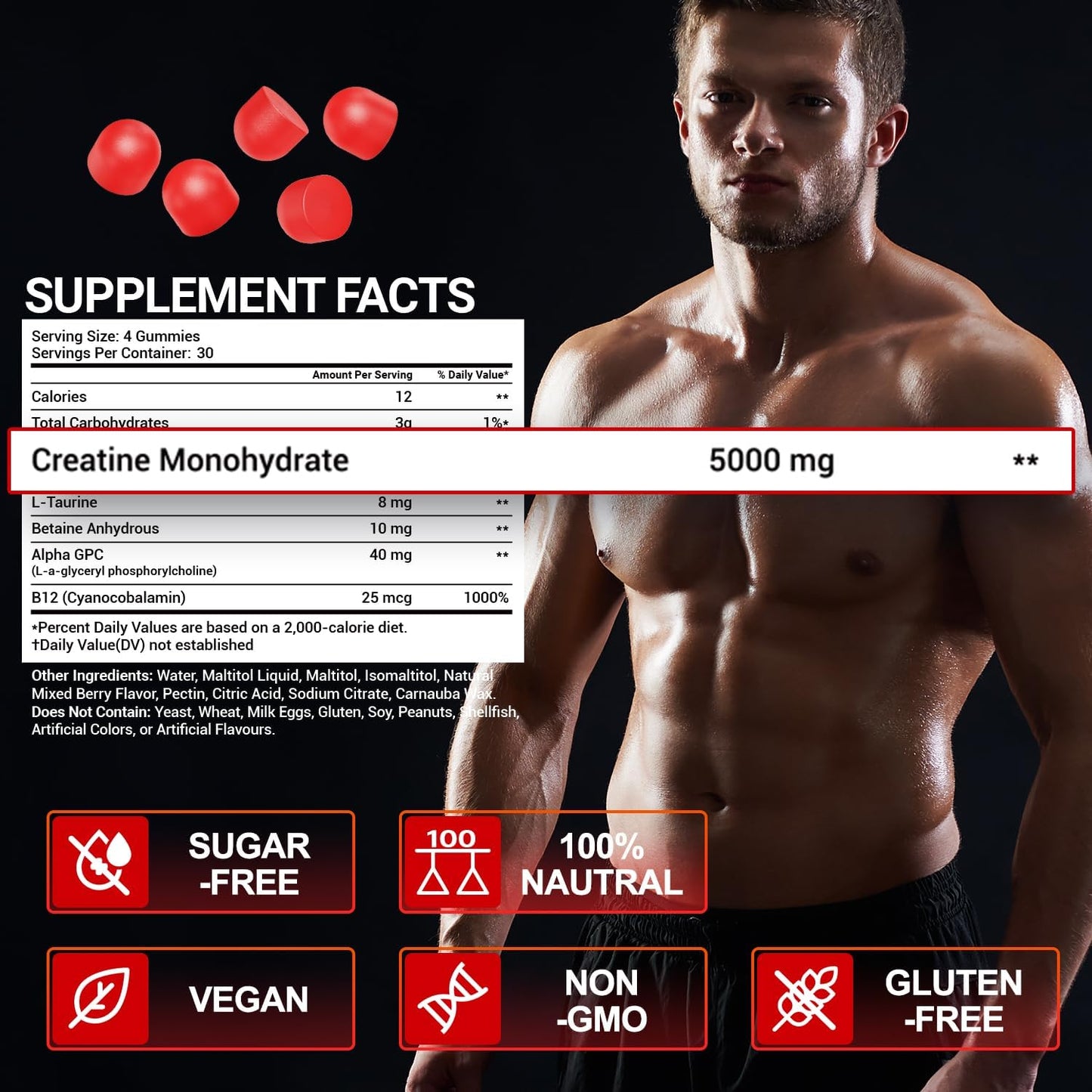 EDUDYF 5000mg Creatine Monohydrate Gummies - Sugar Free Muscle Growth Support for Men & Women - 120 Vegan Gummies