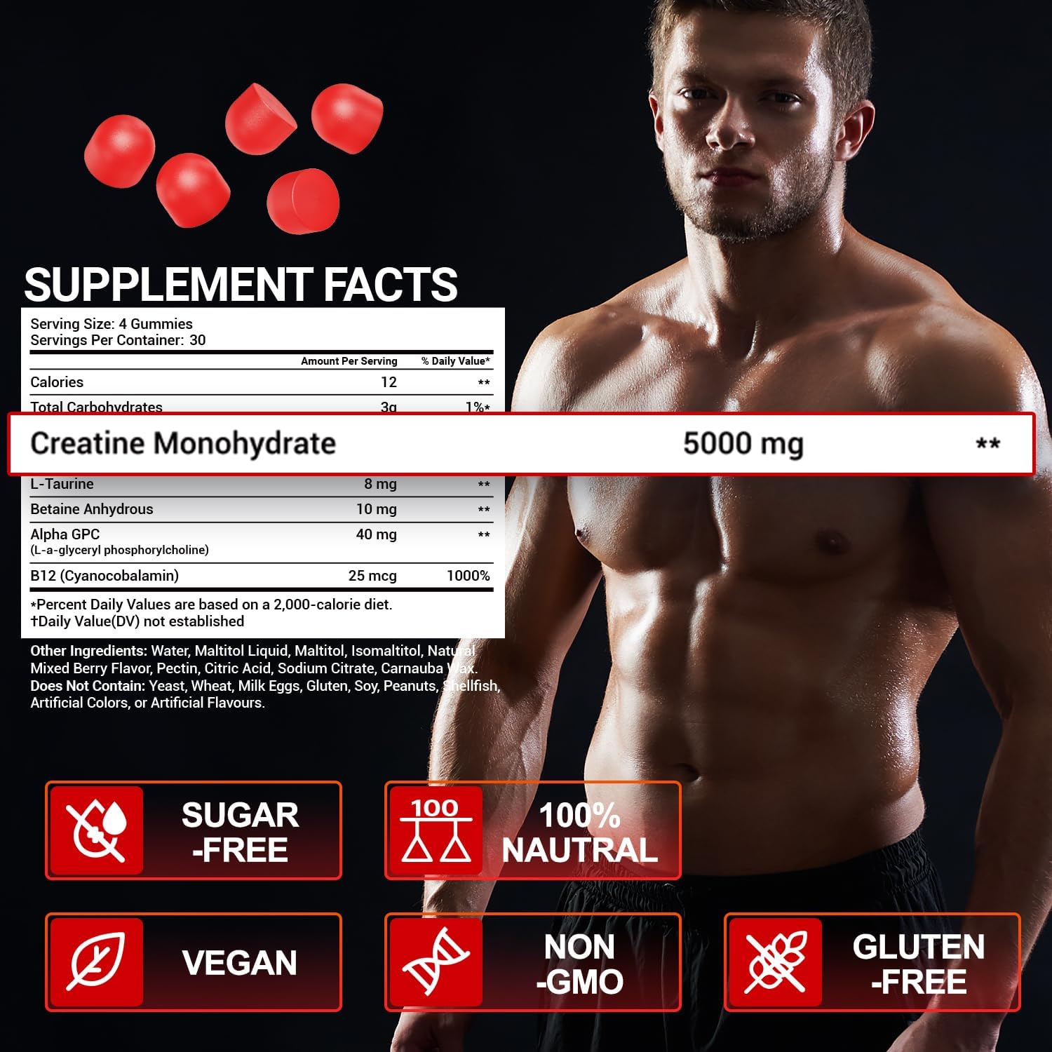 EDUDYF 5000mg Creatine Monohydrate Gummies - Sugar Free Muscle Growth Support for Men & Women - 120 Vegan Gummies