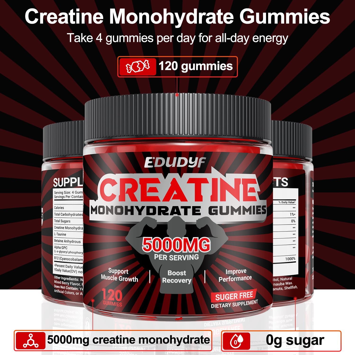 EDUDYF 5000mg Creatine Monohydrate Gummies - Sugar Free Muscle Growth Support for Men & Women - 120 Vegan Gummies