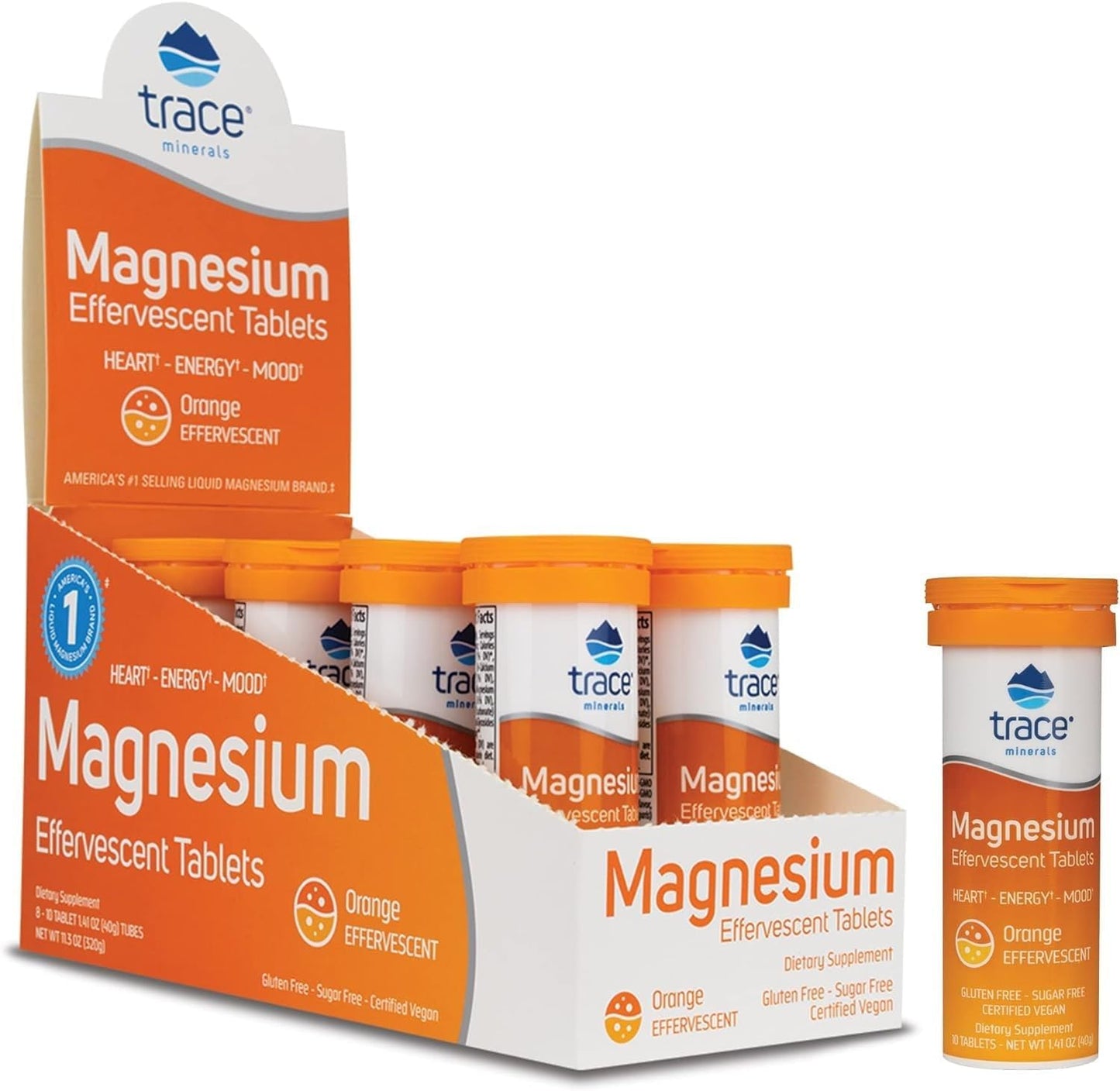 Effervescent Trace Minerals Magnesium Supplement for Bone & Circulatory Health - Supports Cardiovascular Health & Positive Outlook - Orange Flavor - 8 Containers (80 Servings)