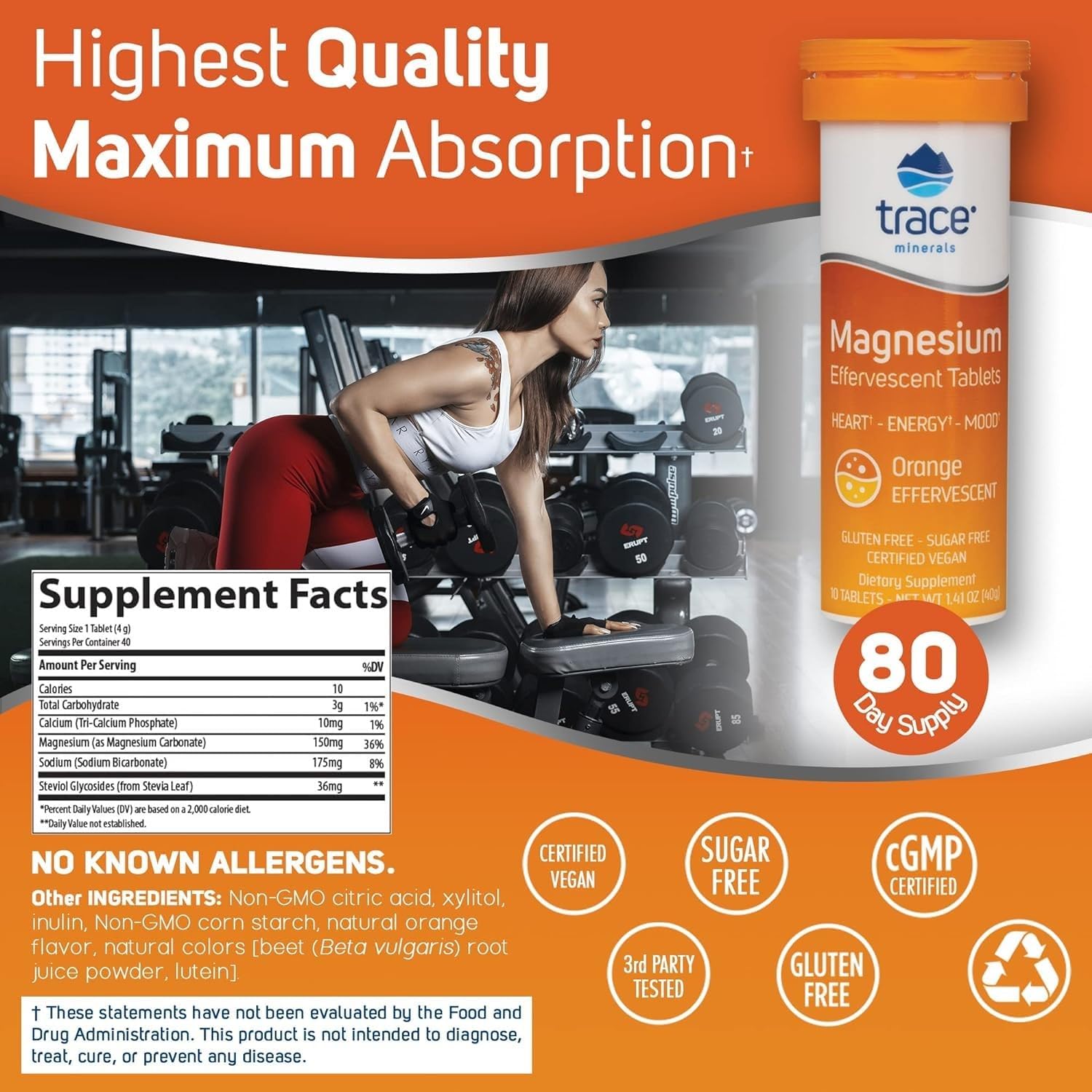 Effervescent Trace Minerals Magnesium Supplement for Bone & Circulatory Health - Supports Cardiovascular Health & Positive Outlook - Orange Flavor - 8 Containers (80 Servings)