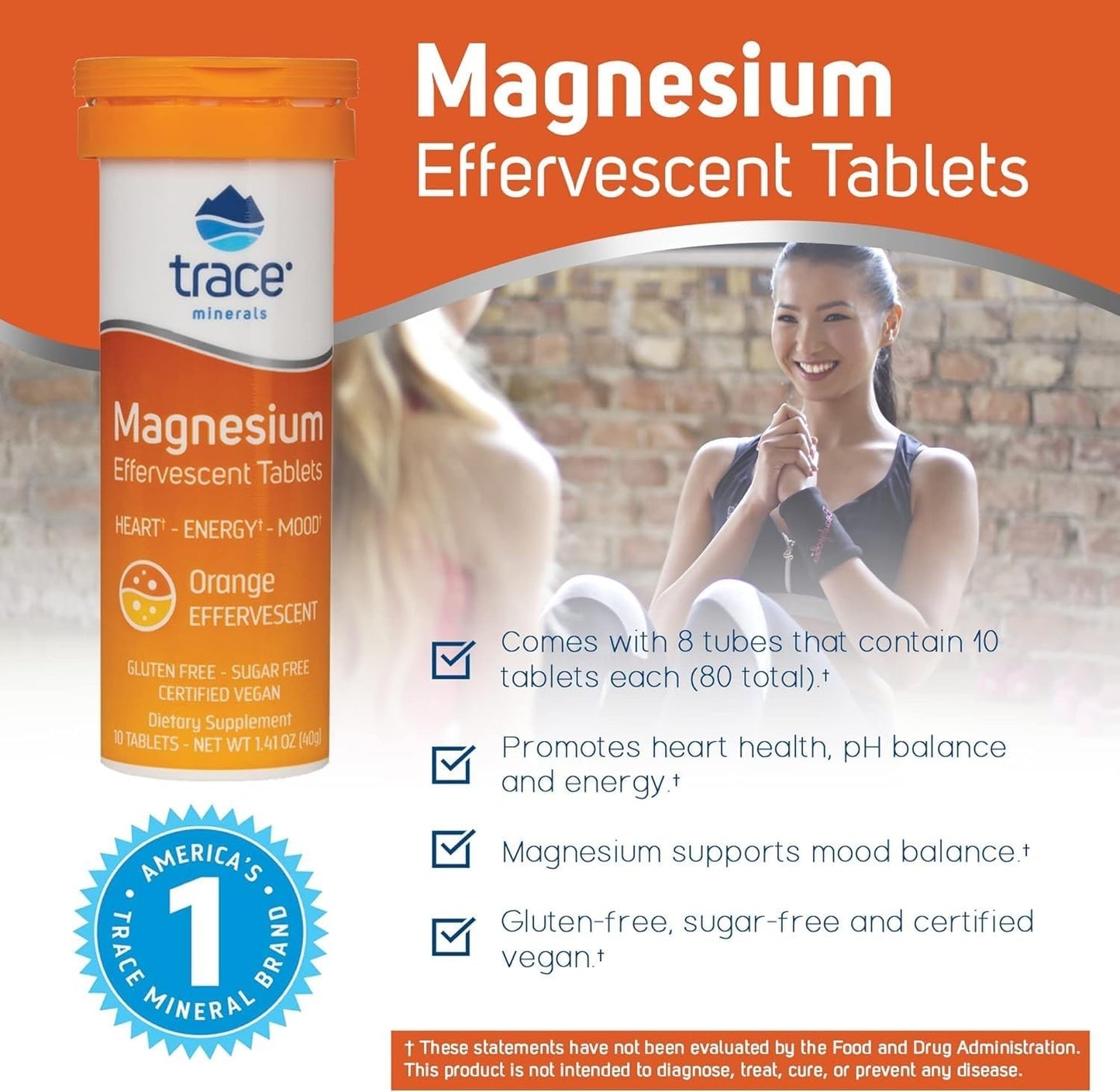 Effervescent Trace Minerals Magnesium Supplement for Bone & Circulatory Health - Supports Cardiovascular Health & Positive Outlook - Orange Flavor - 8 Containers (80 Servings)