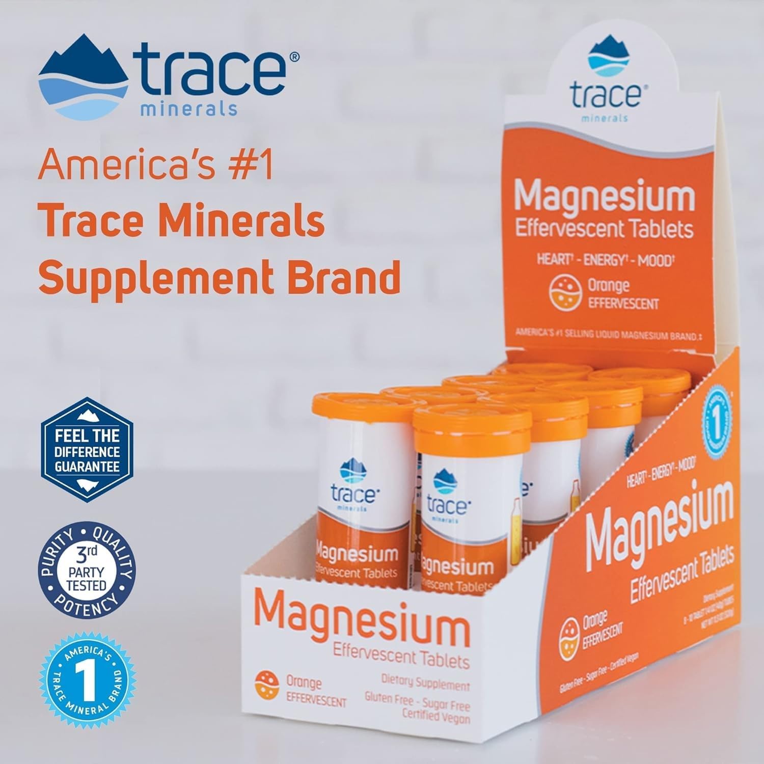 Effervescent Trace Minerals Magnesium Supplement for Bone & Circulatory Health - Supports Cardiovascular Health & Positive Outlook - Orange Flavor - 8 Containers (80 Servings)