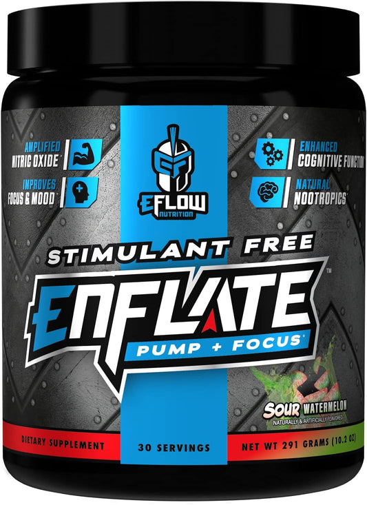 eFlow Nutrition Enflate Preworkout Supplement - Stimulant-Free Nootropic Powder for Pump, Focus, and Energy - Sour Watermelon Flavor - 30 Servings for Men and Women