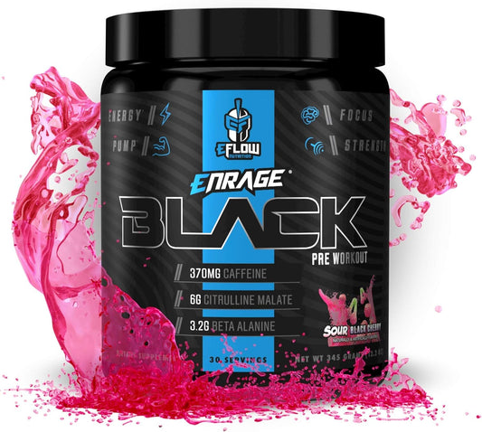 eFlow Nutrition Enrage Black Pre Workout Powder - High Stimulant Supplement for Energy, Pumps, and Strength - Sour Black Cherry Flavor - 30 Servings