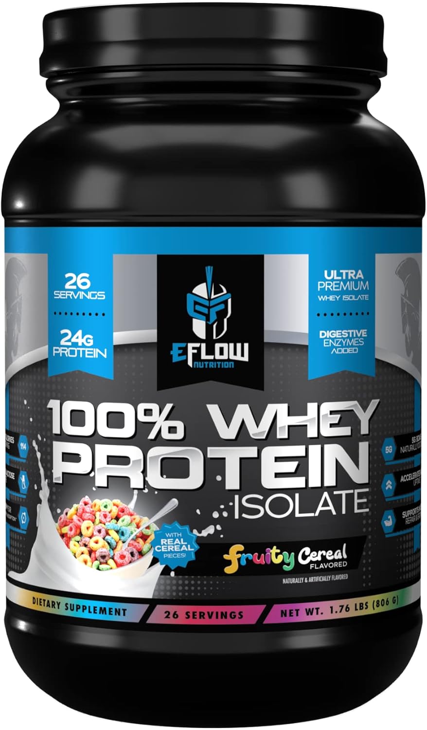 eFlow Nutrition Whey Protein Isolate with Digestive Enzymes - Gluten & Lactose-Free, Low Carb Post Workout Shake - Muscle Recovery - Fruity Cereal Flavor (26 Servings)