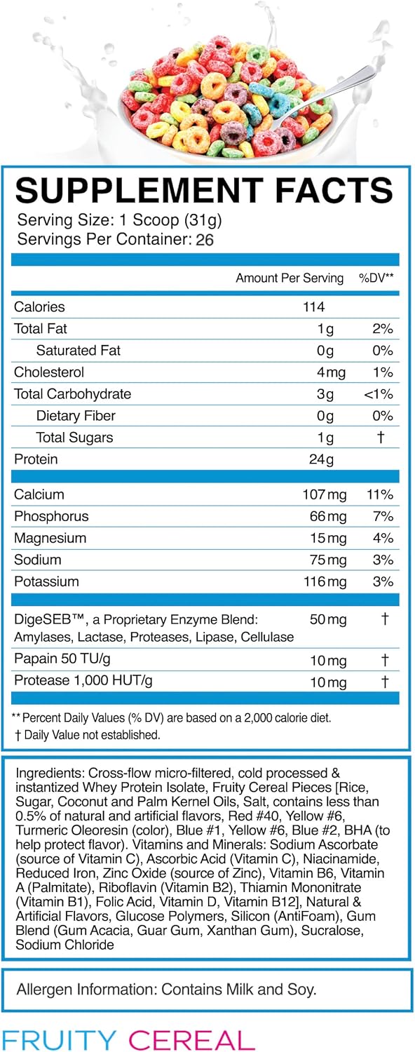 eFlow Nutrition Whey Protein Isolate with Digestive Enzymes - Gluten & Lactose-Free, Low Carb Post Workout Shake - Muscle Recovery - Fruity Cereal Flavor (26 Servings)