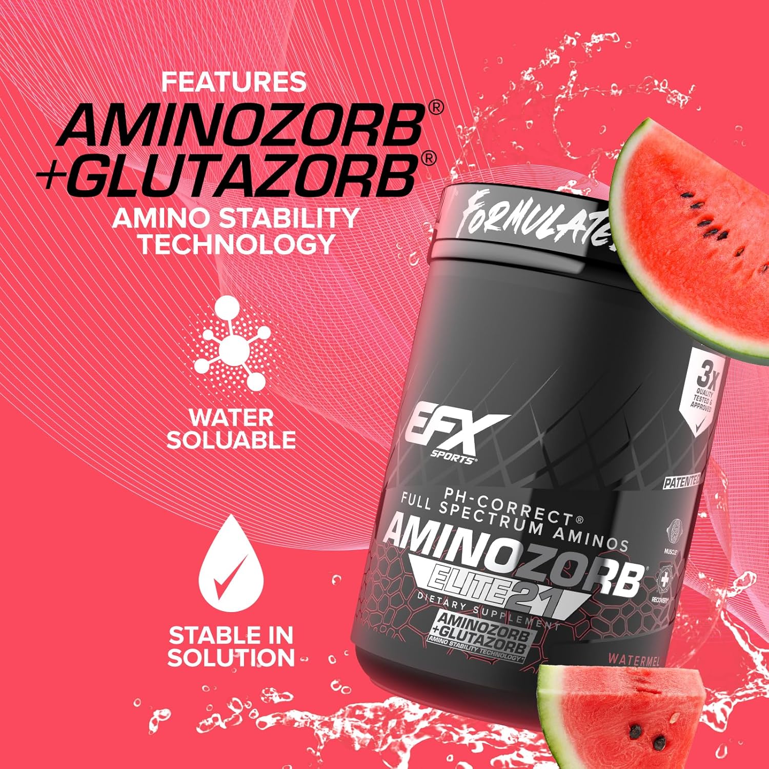 EFX Sports Aminozorb Elite 21 - Full Spectrum Amino Acids & Glutamine - Zero Sugar - Watermelon Flavor - 30 Servings